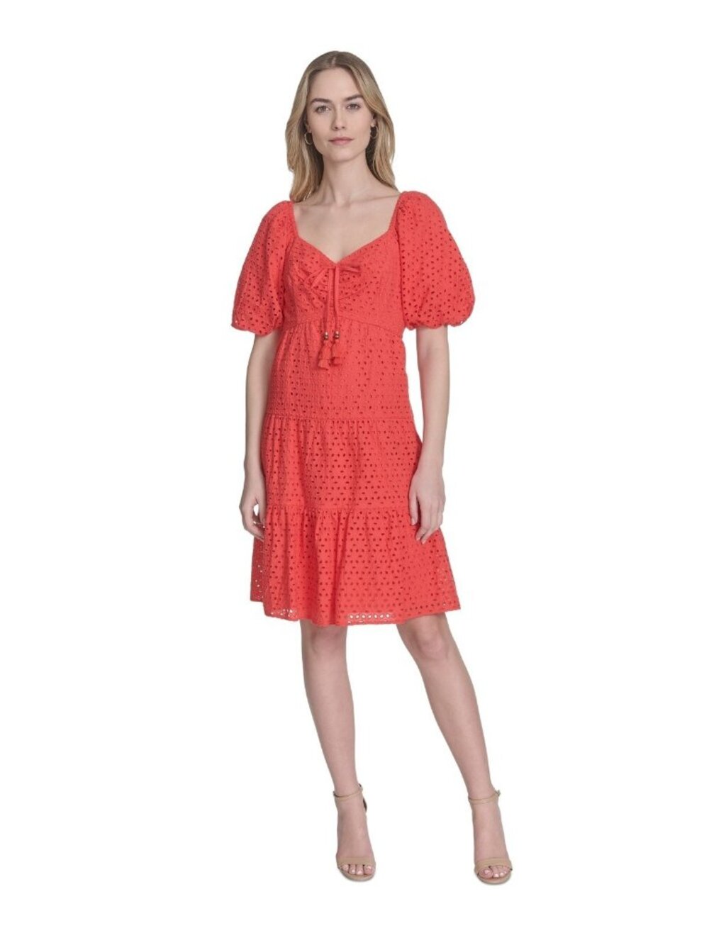 Vince Camuto ALL Cotton V-Neck Short-Puff-Sleeve Eyelet Dress Red Size 14 $168